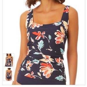Anne Cole, Navy & Salmon Floral Square Neck Tankini Top